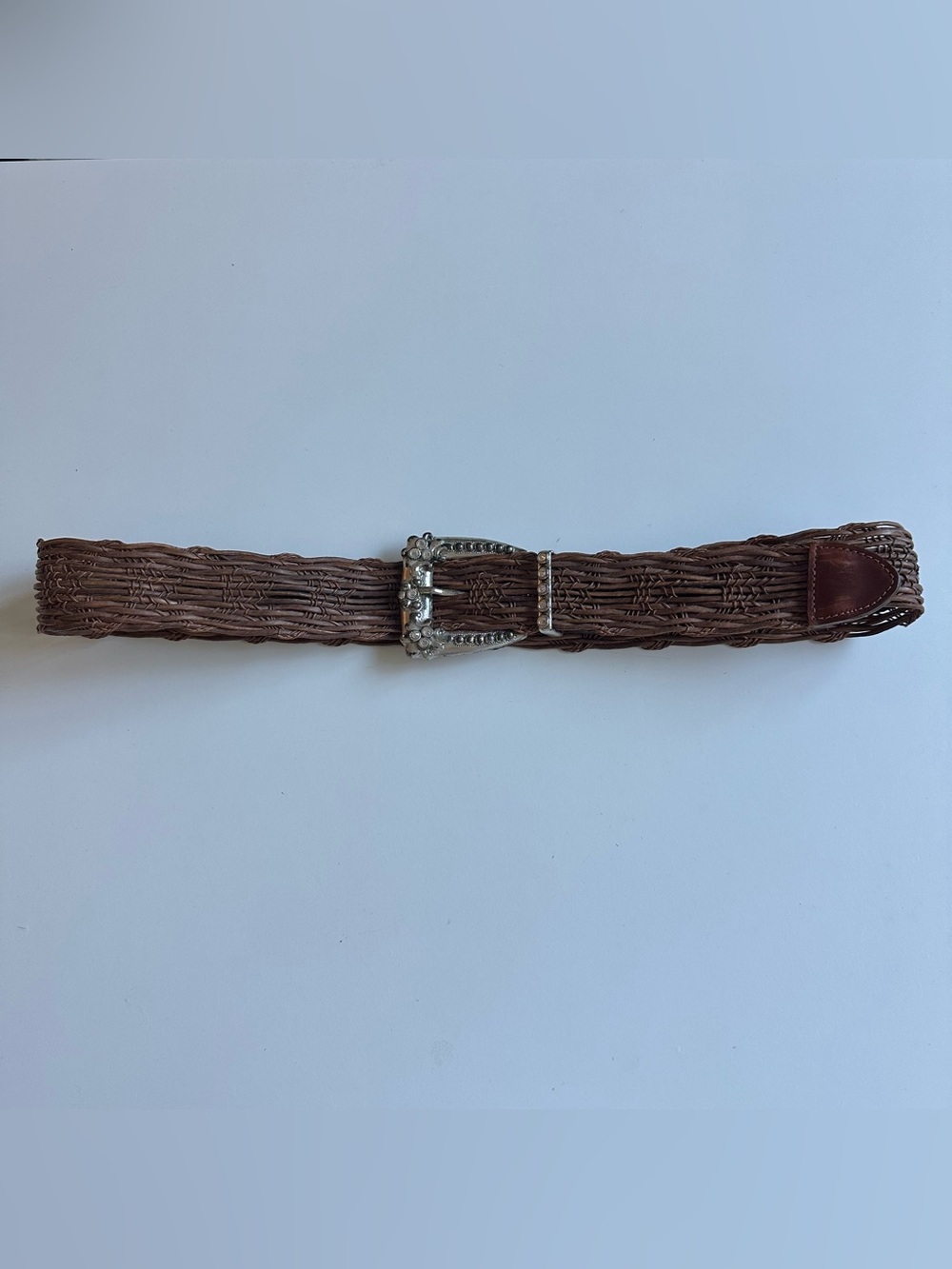 Vintage Leatherock Woven Strand Leather Belt Brown Boho Western Rhinestone 

Ext